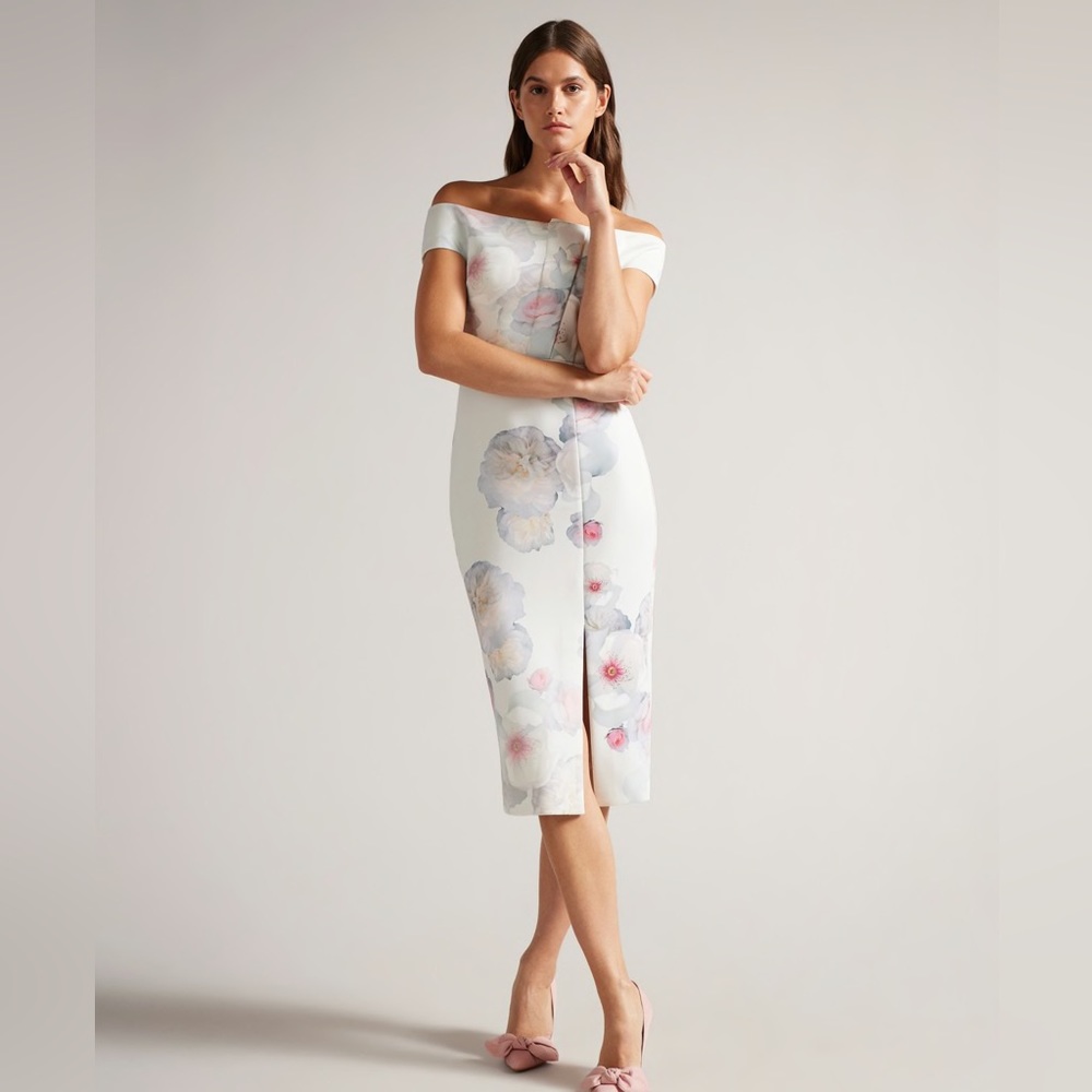 NWT Ted Baker Lovez Floral Bardot Bodycon Off Shoulder Midi Dress Sz 6, US 16-18